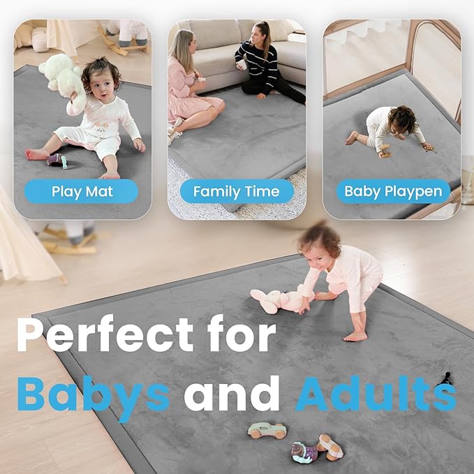 1.3" Thick Baby Play Mat for Floor, 39x59 Foam Tummy Time Mat, Padded Support Soft Plush Nursery Rug for Infant Kids Toddler Crawling Kick Activity (Dark Grey)-BubblyBeeBaby