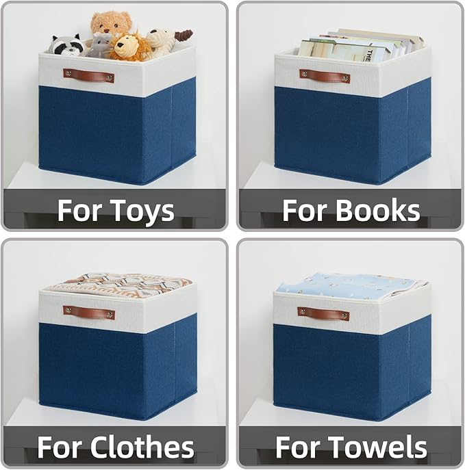 HNZIGE Fabric Storage Cubes Bins for Shelves,13x13 Storage Cubes, Set Of 4 Foldable Cubby Storage Bins for Organizing, Cloth Blue Storage Baskets for Cube Organizer Toy Nursery Shelves(Blue&White)-BubblyBeeBaby