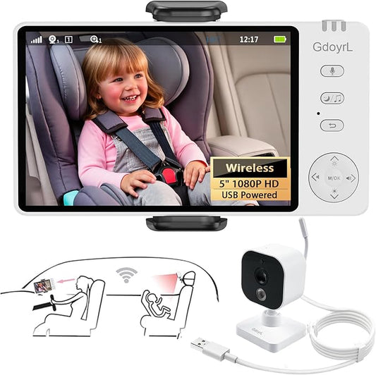 Wireless Baby Car Camera Monitor 5" HD 1080P IPS, 360° Rotating Camera with Auto/Manual Night Vision, 1000ft Range, Anti-Glare Display & USB Charging for Backseat, Home, Travel，Camping-BubblyBeeBaby