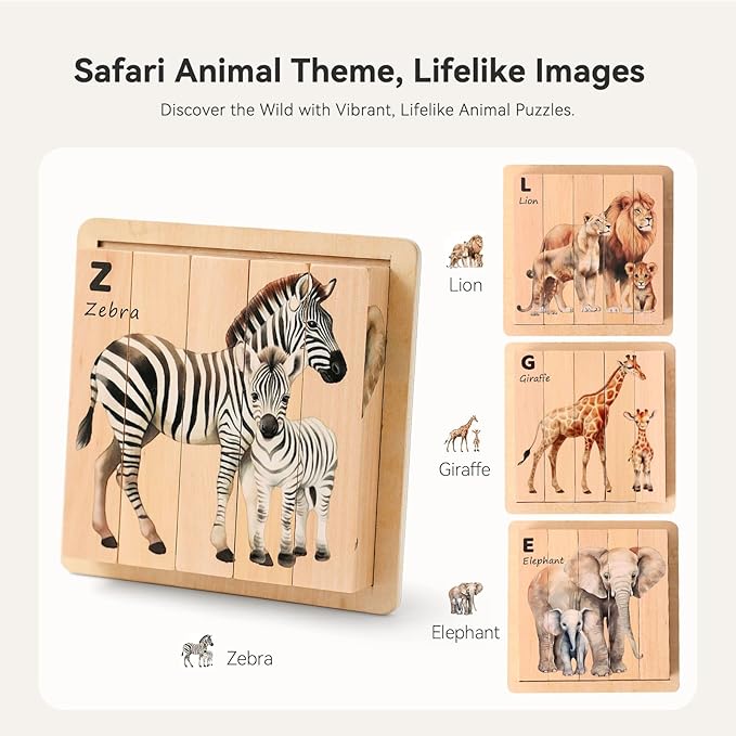 IEATFO 4 in 1 Wooden Animal Chunky Puzzle, 5 Solid Wood Puzzle Blocks with 4 Sides Realistic Safari Animals, Wooden Block Puzzle with Durable Base for Toddlers 3+ Years - Montessori Inspired-BubblyBeeBaby