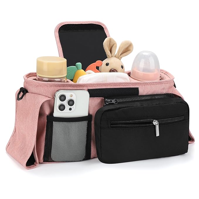 Accmor Universal Stroller Organizer with Insulated Cup Holder Detachable Phone Bag and Shoulder Strap,Stroller Bag Caddy Organizer Fits for Uppababy, Baby Jogger, Britax Strollers-BubblyBeeBaby