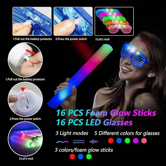 148 PCS Glow in the Dark Party Supplies, 16PCS Foam Glow Sticks, 16PCS LED Glasses,100PCS Glow Sticks Bracelets and 16Pcs LED Hair Clips Fiber Optic for Glow Party, Wedding, Halloween Party-BubblyBeeBaby