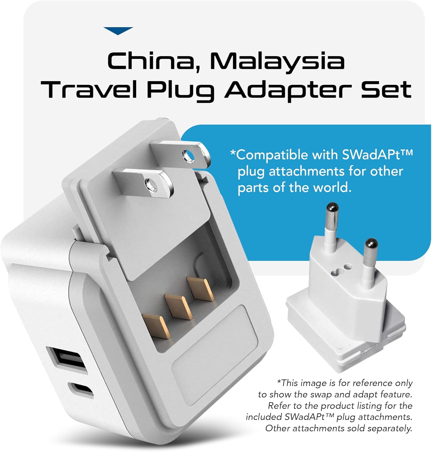 Ceptics China, Malaysia Power Adapter Travel Set, 20W PD & QC, Safe Dual USB & USB-C 3.1A–2 USA Outlet - Compact-Use in Hong Kong, Kuwait, Singapore, Iraq - Includes Type G, I, C SWadAPt Attachments