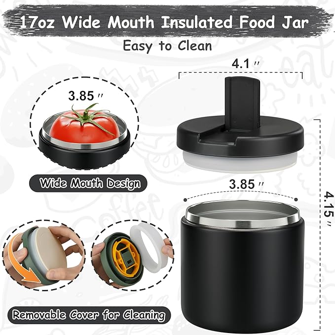 19oz Insulated Vacuum Food Jar with Buckle Lid Wide Mouth Soup Thermo for Hot Food Kids Leakproof Stainless Steel Lunch Container- Black-1Pack-BubblyBeeBaby