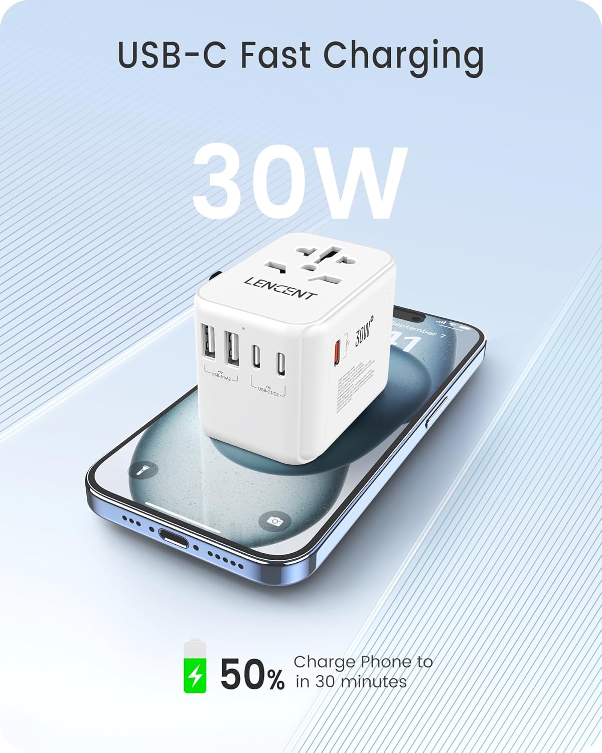 LENCENT Universal Travel Adapter, GaN III 30W International Charger with 2 USB&3 Type-C PD Fast Charging Ports, Worldwide Plug Adaptor for iPhone, Laptops, Type A/C/G/I (USA/UK/EU/AUS), White