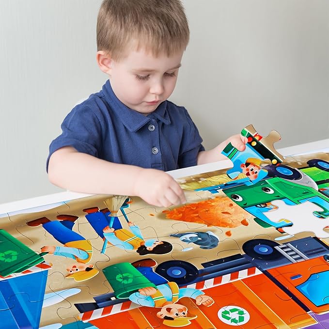 Jumbo Floor Puzzle for Kids,Recycling Garbage Truck Jigsaw Large Puzzles,48 Piece Trash Truck Vehicle Puzzle for Toddler Ages 3-5,Children Learning Preschool Educational Toys,Gift for 4-8 Years Old-BubblyBeeBaby