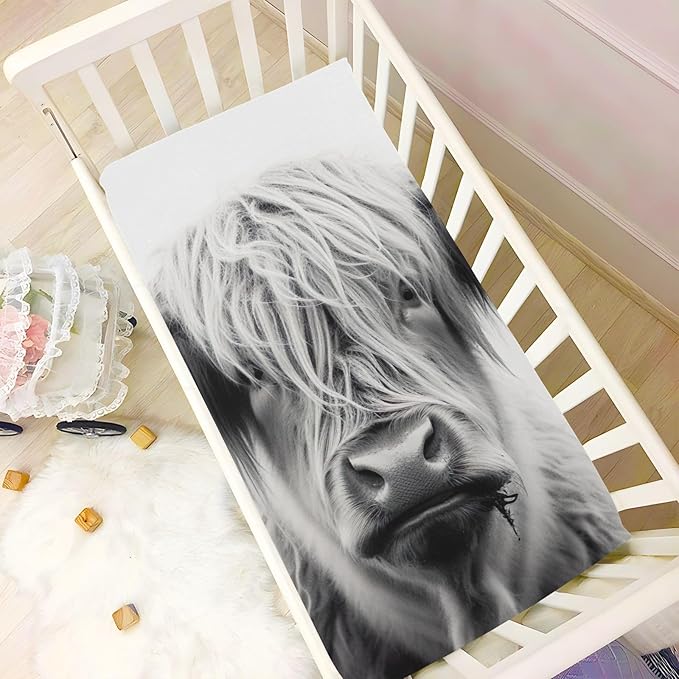 Highland Cow Crib Sheets for Boys and Girls, Fitted Baby Crib Sheets Soft and Breathable Mini Crib Sheets 52 X 28 Inches-BubblyBeeBaby