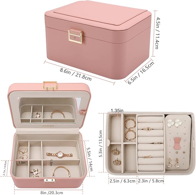 KAMIER Jewelry Boxes for Women, 2 Layers PU Leather Travel Jewelry Box, Large Capacity, Double Lock and Large Mirror, Hidden Necklace Hooks, Removable Dividers, Gift Box Packaging, Pink-BubblyBeeBaby