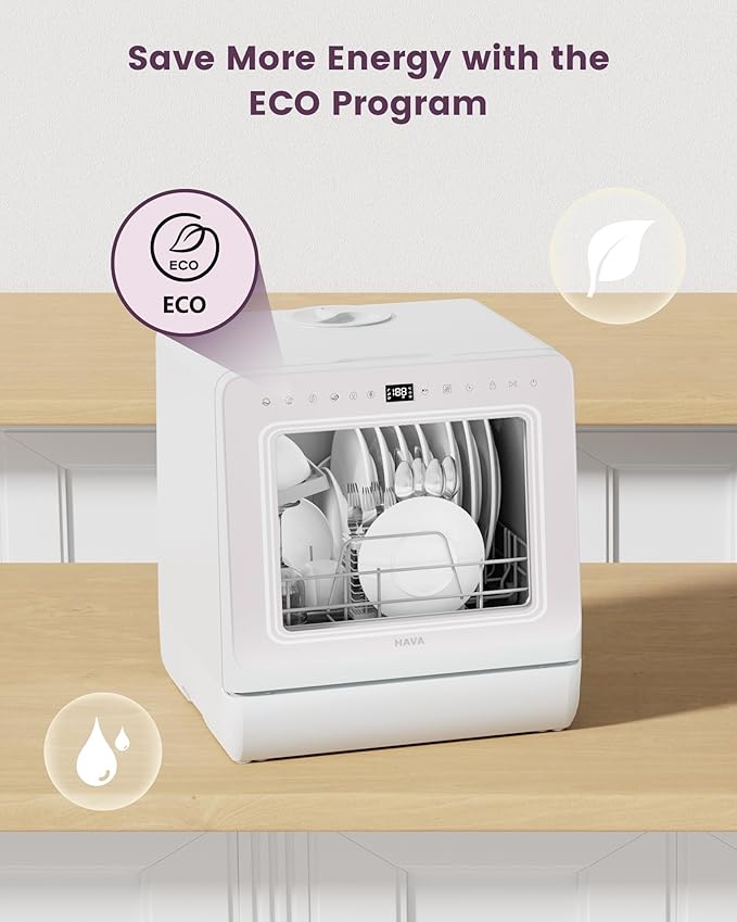 HAVA Countertop Dishwasher with Water Softener and Enhanced Energy Efficiency, Portable Dishwasher with 8 Wash Programs, Child Lock & Delayed Start Function, No Installation Needed - Misty Lilac-BubblyBeeBaby