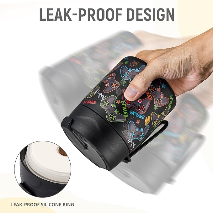 17oz Soup Thermo for Hot Food Kids Insulated Vacuum Food Jar with Stainless Steel Spoon Wide Mouth Thermo Leakproof Lunch Food Container Kids Hot Lunch Box (Black-Game)-BubblyBeeBaby