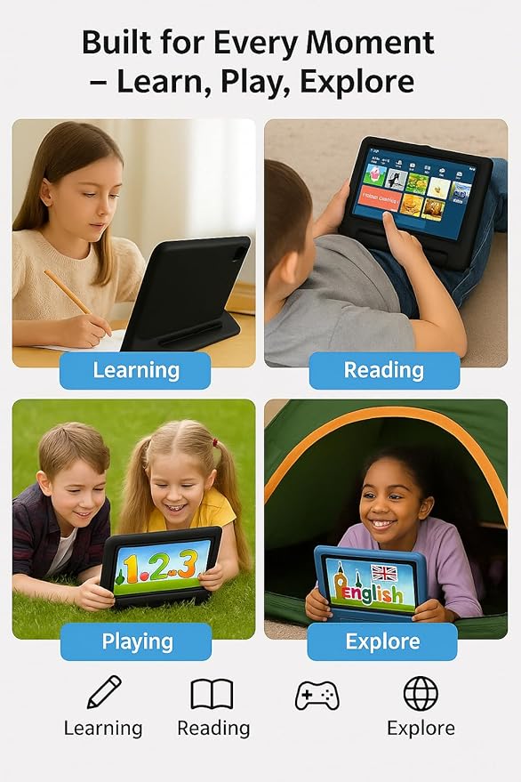 10.1 Inch Kids Tablet with Shockproof Case | Android 14, 64GB+8GB RAM, 12H Battery | Parental Control, Google Kids Space & Preloaded Educational Apps | WiFi 6, HD Display, Ages 3-12-BubblyBeeBaby