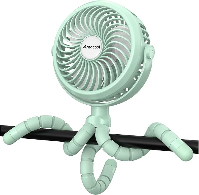 AMACOOL Battery Operated Stroller Fan Flexible Tripod Clip On Fan with 3 Speeds and Rotatable Handheld Personal Fans for Car Seat Crib Bike Treadmill (Green)-BubblyBeeBaby