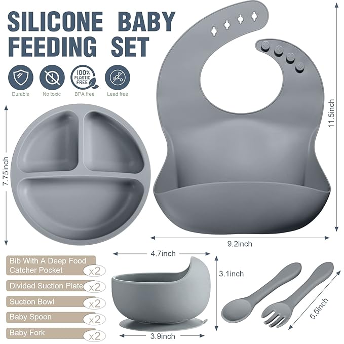 10 Pack Silicone Baby Feeding Set, Toddlers Led Weaning Feeding Supplies with Suction Baby Bowl Divided Plate Adjustable Bib Soft Silicone Spoon Fork, Infant Self Eating Utensil Set (Gray, Khaki)-BubblyBeeBaby
