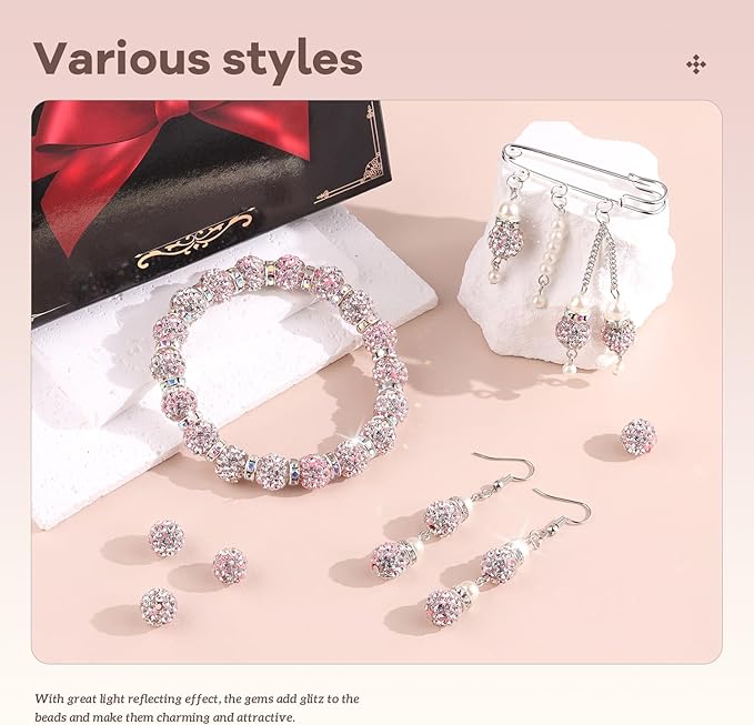 200pcs 10mm Rhinestone Beads for Jewelry Making, Pink White Shiny Round Disco Ball Beads Bulk, Sparkle Crystal Clay Christmas for Bracelet Baseball Necklace Earring Crafting and DIY-BubblyBeeBaby