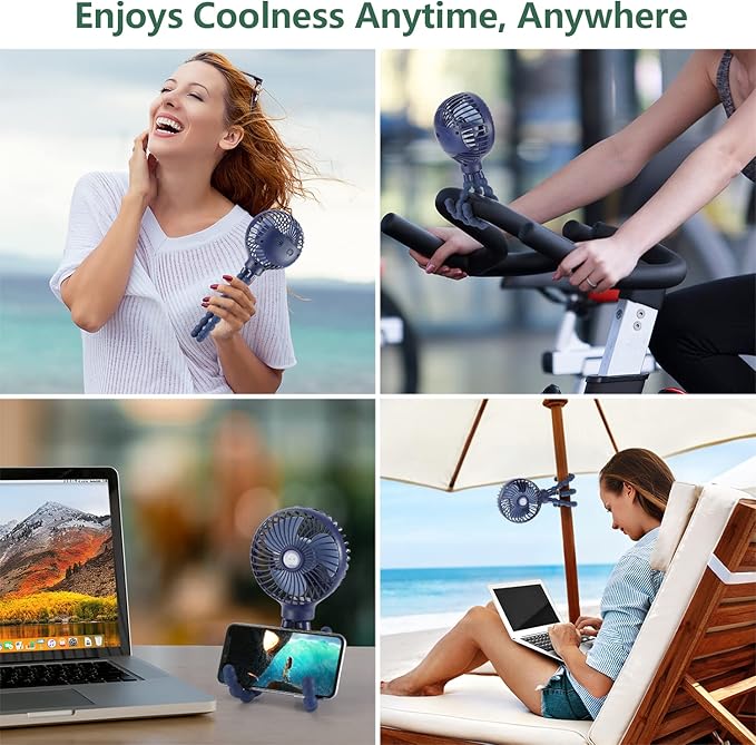 snawowo Mini Handheld Personal Portable Fan, Baby Stroller Fan, Car Seat USB or Battery Powered, with Flexible Tripod Clip on Student Bed Desk Bike Crib Treadmill Camping Traveling(Navy Blue)-BubblyBeeBaby