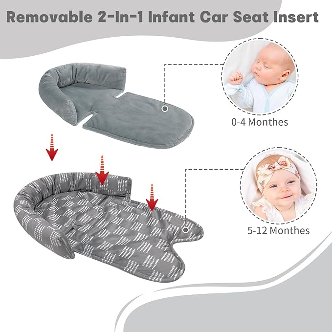 Infant Car Seat Insert, HNHUAMING Baby Car Seat Head & Body Support with 2 Strap Pads, Ultra Soft Newborn Preemie Carseat Insert Cushion for Girls Boys, Fits Car Seat, Stroller, Swing, Bouncer, Gray-BubblyBeeBaby