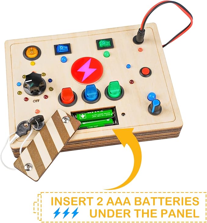 Joyreal Montessori Busy Board Wooden Sensory Toys for Toddler with LED Light Up Switch, Baby Fidget Board Travel Toys for 18+ Months, 1 2 3 Year Old Boys Girls Toddler Toy Gifts (Mixed Lights)-BubblyBeeBaby