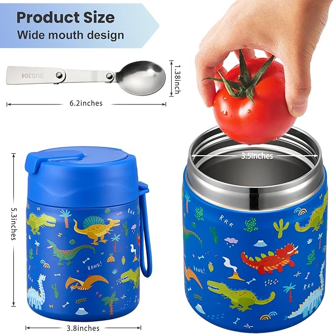 17oz Soup Thermo for Hot Food Kids,Insulated Food Jar with Spoon,Thermo Hot Food Lunch Container,Wide Mouth Leakproof Stainless Steel Lunch Box for School-Dinosaur-BubblyBeeBaby