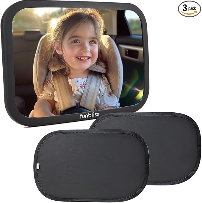 Funbliss Bar Mirror for Baby + 2 Pack Car Window Shades Bundle (19″ × 12″), UPF 50+ Window Shade for Baby in Car, 360° Rotation Fully-Adjustable Straps-BubblyBeeBaby
