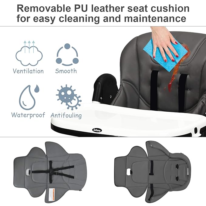 INFANS High Chair for Babies & Toddlers, Foldable Highchair with Multiple Adjustable Backrest, Footrest and Seat Height, Removable Tray, Detachable PU Leather Cushion, Built-in Rear Wheels (Dark Grey)-BubblyBeeBaby