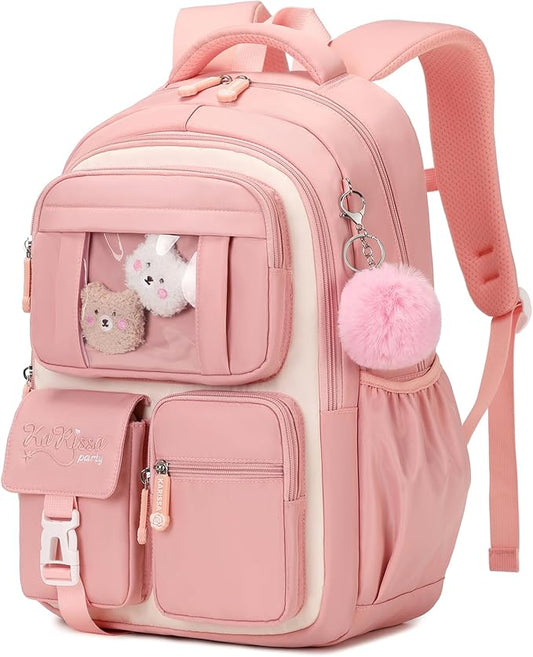 Kids Backpack for Girls School Bags for Middle School Students Book Bag for Elementary Primary Kawaii Ita Backpack, Pink and Beige-BubblyBeeBaby