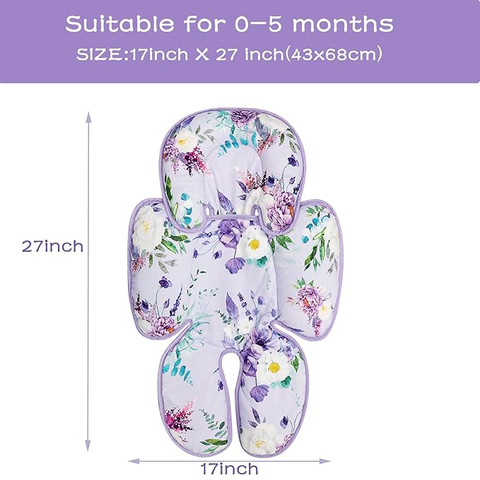 2 in 1 Infant Car Seat Insert, Car Seat Head Support Baby Girls Boys, Soft Newborn Carseat Insert Cushion, Perfect for Carseats, Strollers, Swings (Purple Flower)-BubblyBeeBaby