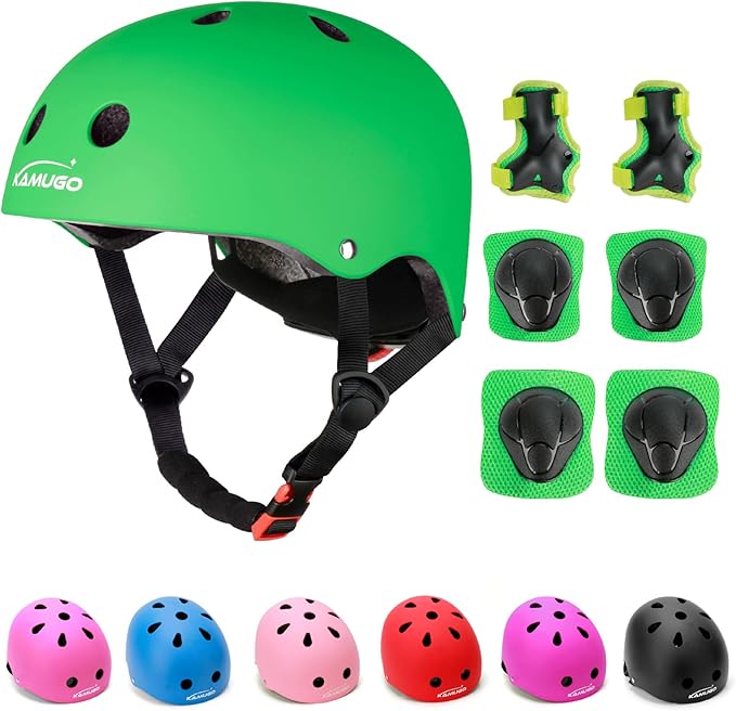 KAMUGO Kids Adjustable Helmet, with Sports Protective Gear Set Knee Elbow Wrist Pads for Toddler Age 2-8 Boys Girls, Bike Skateboard Hoverboard Scooter Rollerblading Helmet Set-BubblyBeeBaby