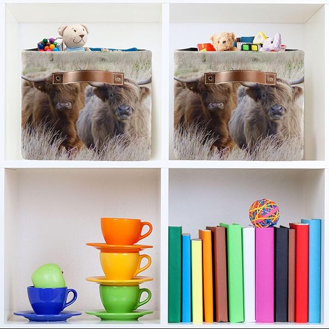 Highland Cows Storage Basket Cube Storage Bins Organizer Bag Collapsible Closet Shelf Baskets with handle for Baby Cloth Pet Toy Book 14.2×10.2×8.3 IN-BubblyBeeBaby