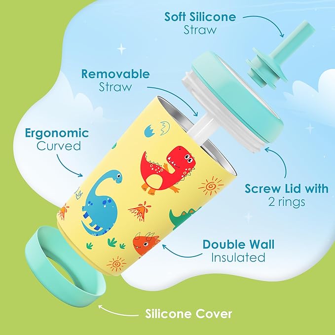 Kid Insulated Stainless Steel Tumbler with Silicone Straw, 12oz Sippy Cup for Kids (Playful Dinosaurs)-BubblyBeeBaby