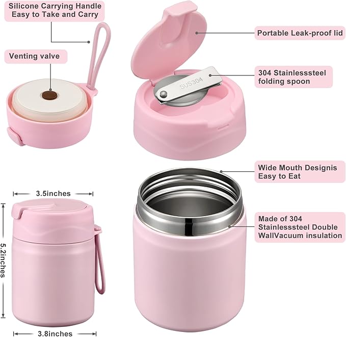 17oz Soup Thermo for Hot Food Kids,Insulated Food Jar with Spoon,Thermo Hot Food Lunch Container,Wide Mouth Leakproof Stainless Steel Lunch Box for School-Pink-BubblyBeeBaby