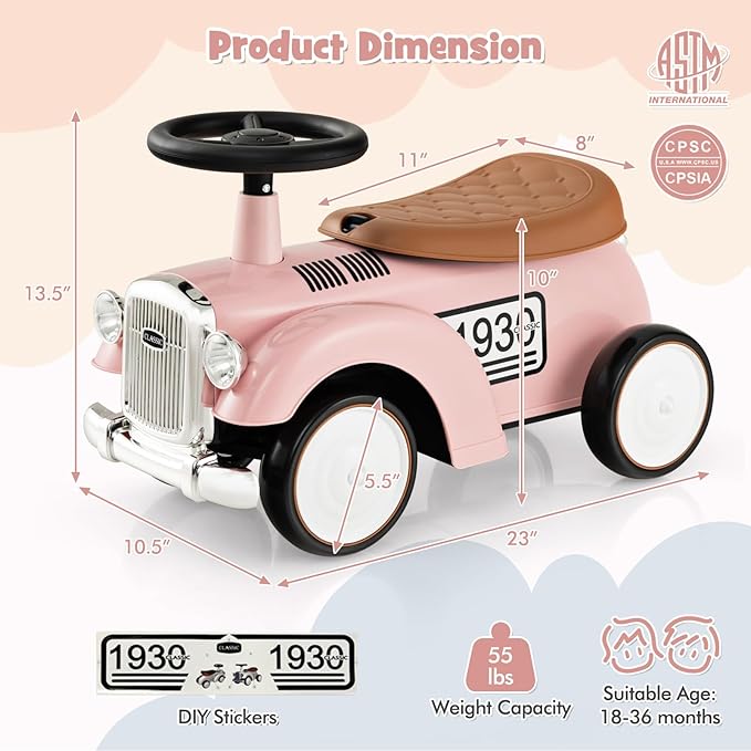HONEY JOY Ride On Push Car, Outdoor Toddler Riding Toys w/Steering Wheel, Horn & Storage, Foot-to-Floor Sliding Car, No Batteries, Retro Baby Ride On Toys for Boys and Girls (Pink)-BubblyBeeBaby