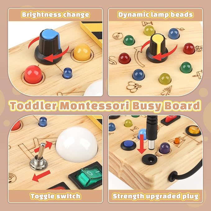 Joyreal Montessori Busy Board Wooden Sensory Toys for Toddler with LED Light Up Switch, Baby Fidget Board Travel Toys for 18+ Months, 1 2 3 Year Old Boys Girls Toddler Toy Gifts (Classic)-BubblyBeeBaby