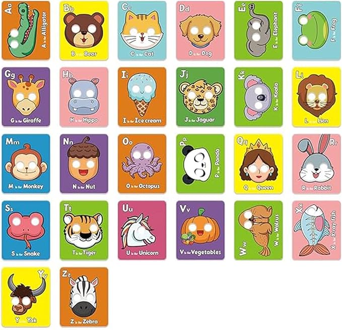 2025 New 26 PCS Alphabet Mask Cards,Alphabet Flash Cards with Animal Masks,Colorful Animals Flash Cards, Interactive Education Games, Learn Letters-BubblyBeeBaby