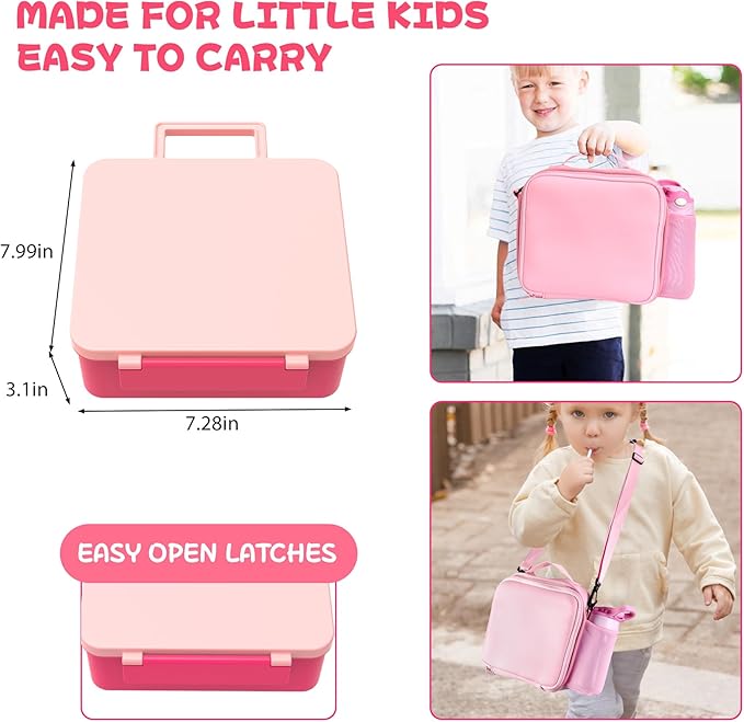 Kids Bento Lunch Box with 8oz Soup Thermo, Water Bottle, Leakproof Lunch Food Containers with 4 Compartment, Kids Insulated Hot Food Jar with Lunch Bag for School(Pink)-BubblyBeeBaby