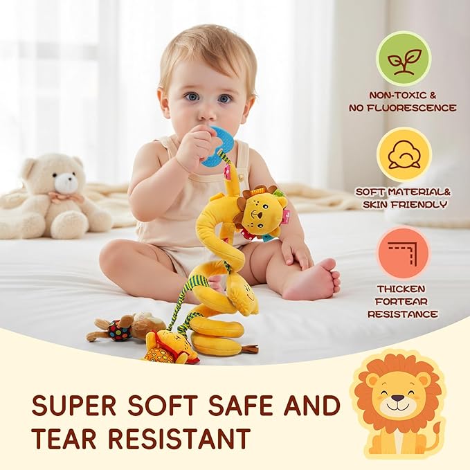 Jollybaby Crib Stroller Car Seat Toys for Baby 0-3-6-9-12 Months, Tummy Time Hanging Sensory Toys for Newborn with Music Box and Teether, Spiral Carseat Toy for Infant Boys Girls Gifts (Little Lion)-BubblyBeeBaby