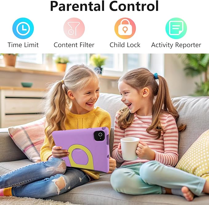 JREN Kids Table 10.1" ｜Android 14 Tablet for Kids｜64GB Storage｜Octa-Core｜WiFi ｜Cameras｜Parental Control｜Kids Content｜Case Included Great Gift for Children Ages 3-12 Years Old Purple-BubblyBeeBaby