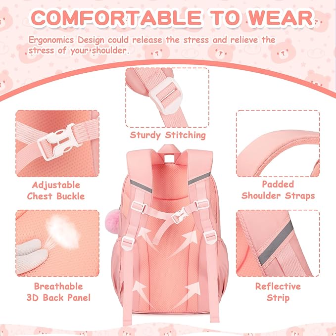 Kids Backpack for Girls School Bags for Middle School Students Book Bag for Elementary Primary Kawaii Ita Backpack, Pink and Beige-BubblyBeeBaby