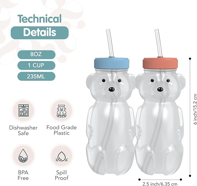 Honey Bear Straw Cup for Babies, 2-Pack Honey Bear Bottle with Travel Lid, Therapy Learning Honeybear Straw Cup, Baby Bottle Set, 8 oz, Blueberry Pie & Firetruck-BubblyBeeBaby