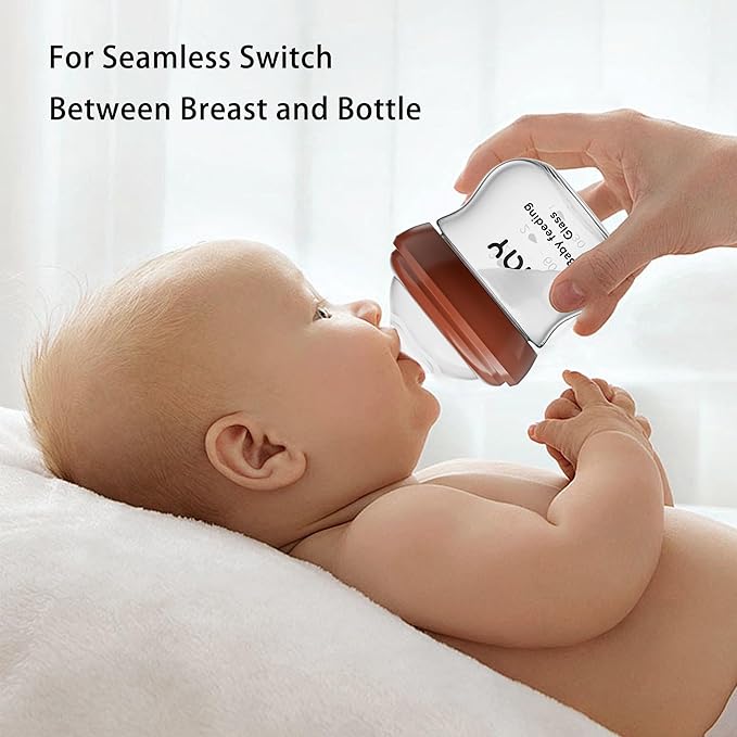 Natural Glass Baby Bottle for Breastfeeding Babies, 3oz Newborn Anti-Colic Baby Bottle with Slow Flow Nipples (SS), Clear, Wide Neck, 4 Pack, 0 Months+-BubblyBeeBaby