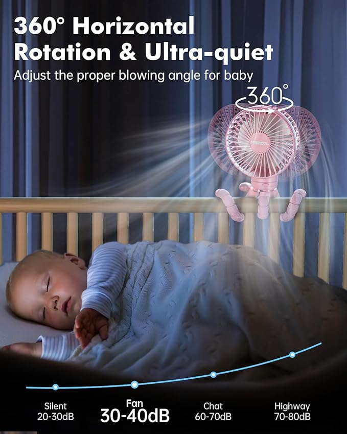 FRIZCOL Stroller Fan for Baby - Portable Fans Rechargeable - Battery Operated Fan(Use for 24Hrs) - Fans for Handheld/Clip On/Car Seat/Desk/Camping (Pink)-BubblyBeeBaby