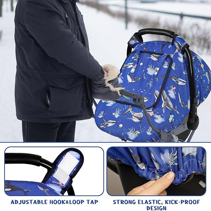 Pea Pod Car Seat Cover Baby, Infant Car Seat Canopy Covers for Newborn with 2 Layers Windows of Breathable Mesh Fabric, Lightweight Polyester/Soft Minky Dot Backing (Ocean)-BubblyBeeBaby