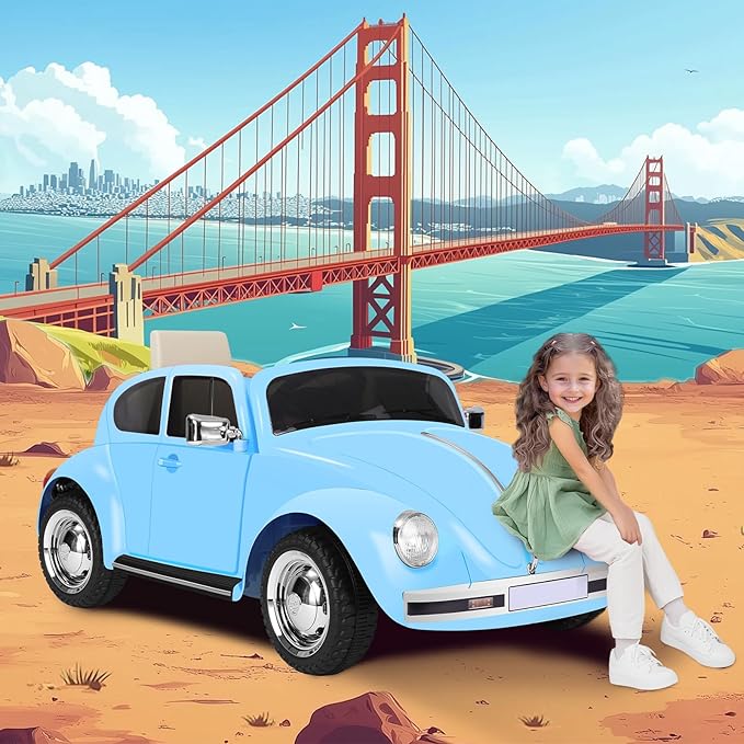 12V Kids Electric Car, Power Wheels with Remote Control, Ride on Car Toys with LED Light, 3 Speeds, Music, Blue-BubblyBeeBaby