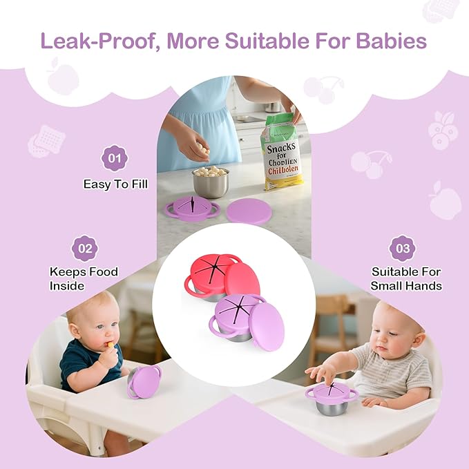 2 Pack Snack Cups for Toddlers Spill Proof - Detachable Stainless Steel Toddler Snack Cups with Silicone Lids & Handles - Dishwasher Safe Baby Snack Containers for Mess-Free Snacking (Red and Purple)-BubblyBeeBaby