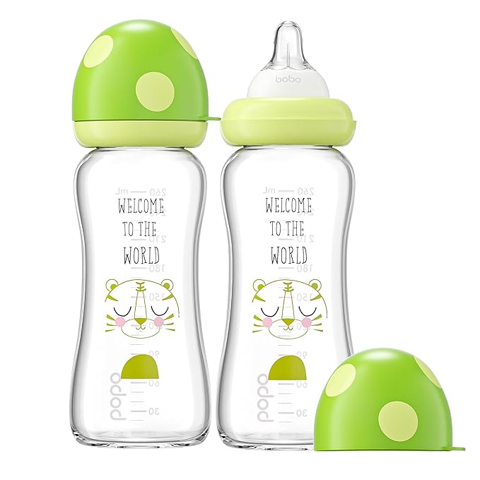 YOHKOH Natural Glass Baby Bottle with Natural Response Nipple, Newborn Anti-Colic Baby Bottles, Wide Neck Mushroom Cap Baby Bottle, Clear (8.8ounce (Pack of 2), Green1)-BubblyBeeBaby