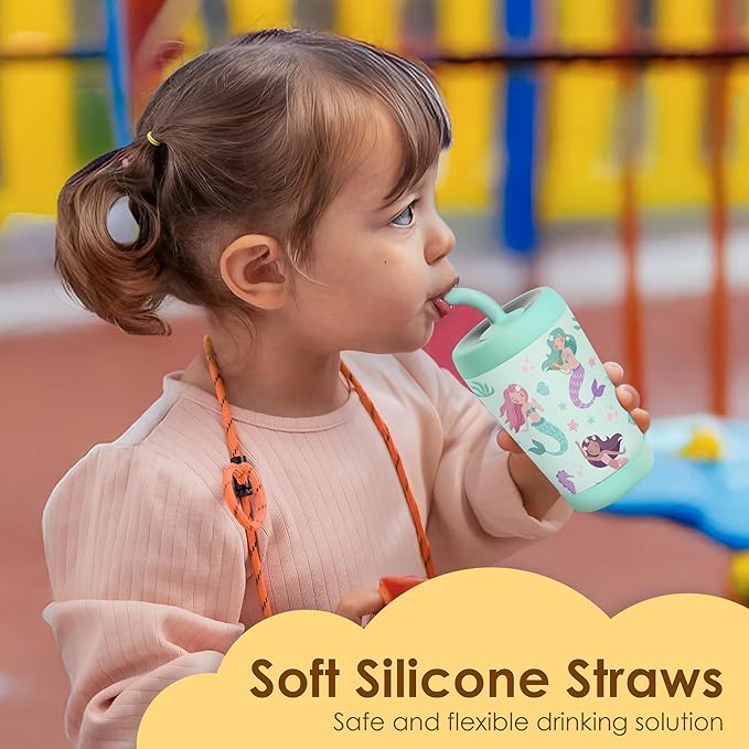 Kid Insulated Stainless Steel Tumbler with Silicone Straw, 12oz Sippy Cup for Kids (Magical Mermaids)-BubblyBeeBaby