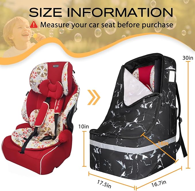 Car Seat Travel Bag for Airplane,Infant Seat Travel Bag with Shoulder Strap,Padded Car Seats Backpack with Reflective Stripes,Large Carseat Carrier Bag Travel Car Seat Cover, Black marble-BubblyBeeBaby