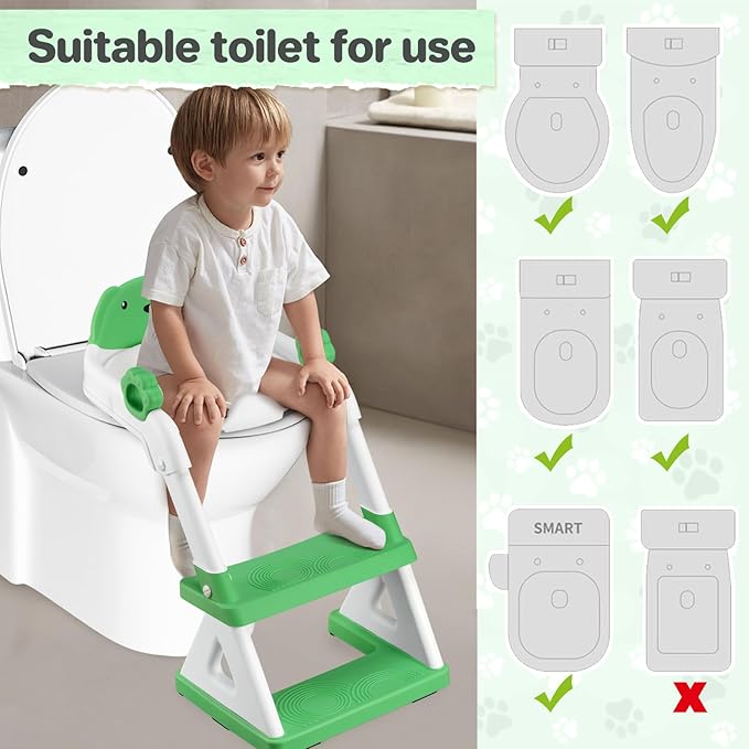 2 In 1 Potty Training Toilet Seat & Toddler Step Stool, Bottom Triangle Stability Toddler Toilet Seat, Adjustable Step & Seat Height Potty Seats (Green)-BubblyBeeBaby
