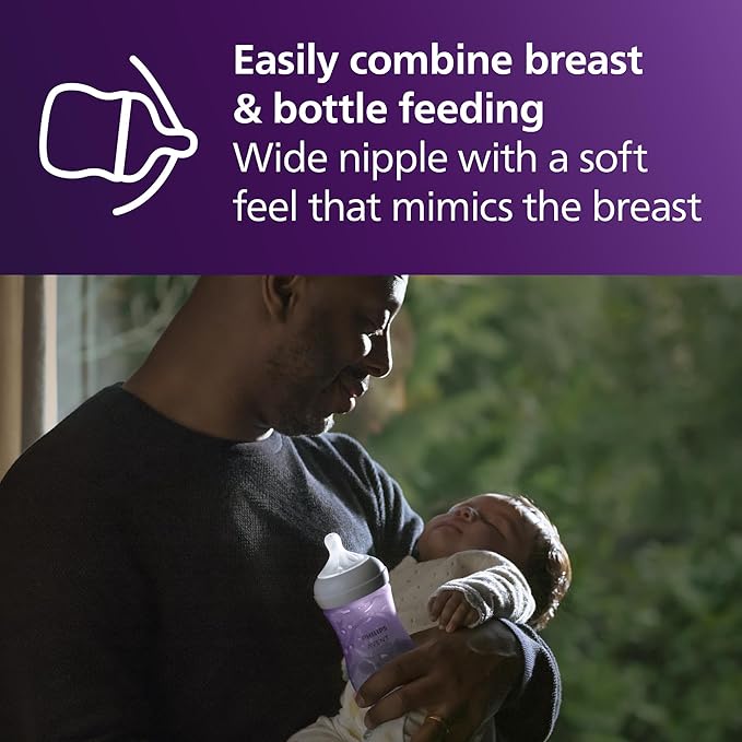 Philips Avent Natural Baby Bottles with Natural Response Nipples (Medium Flow, Flow 3), 9oz, Purple, 4-Pack, SCY903/34-BubblyBeeBaby