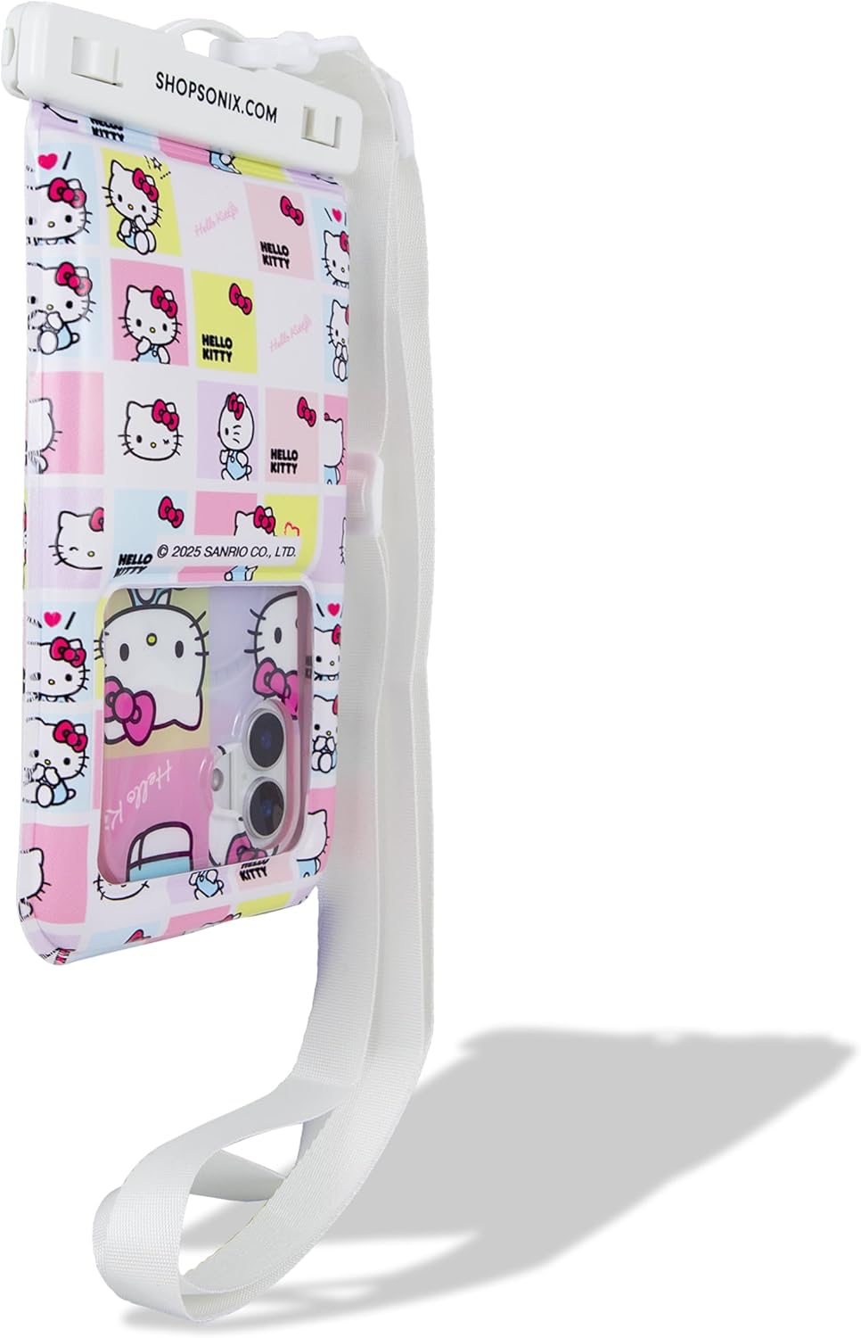 Sonix x Sanrio Waterproof Phone Pouch - Floating Phone Case Dry Bag w/Crossbody Lanyard - Beach Cruise Travel Essentials - Compatible w/All Devices, Touchscreen Friendly | Hello Kitty Grid