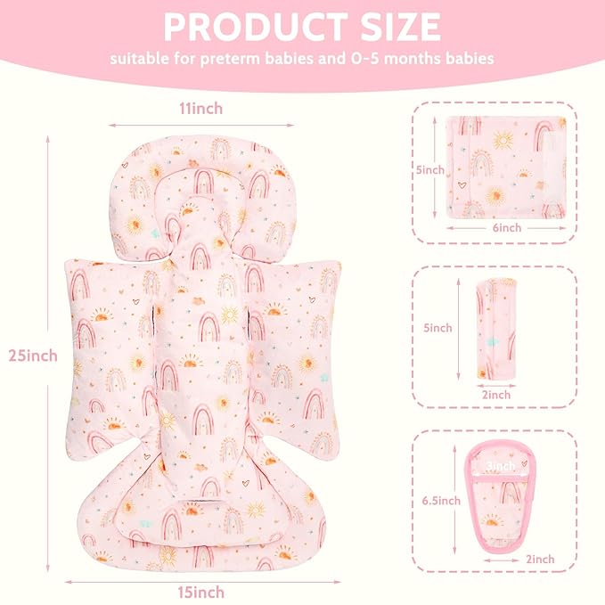 Infant Car Seat Insert and Strap Covers, Very Soft Car Seat Head Support Baby Girl Boy, Reversible Newborn Carseat Insert Cushion Fits for Stroller, Baby Swing, Bouncer (Pink Rainbow)-BubblyBeeBaby